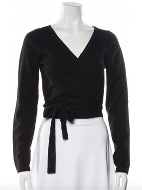 Michael Kors Collection Black Wrap V-Neck Tie Waist Sweater